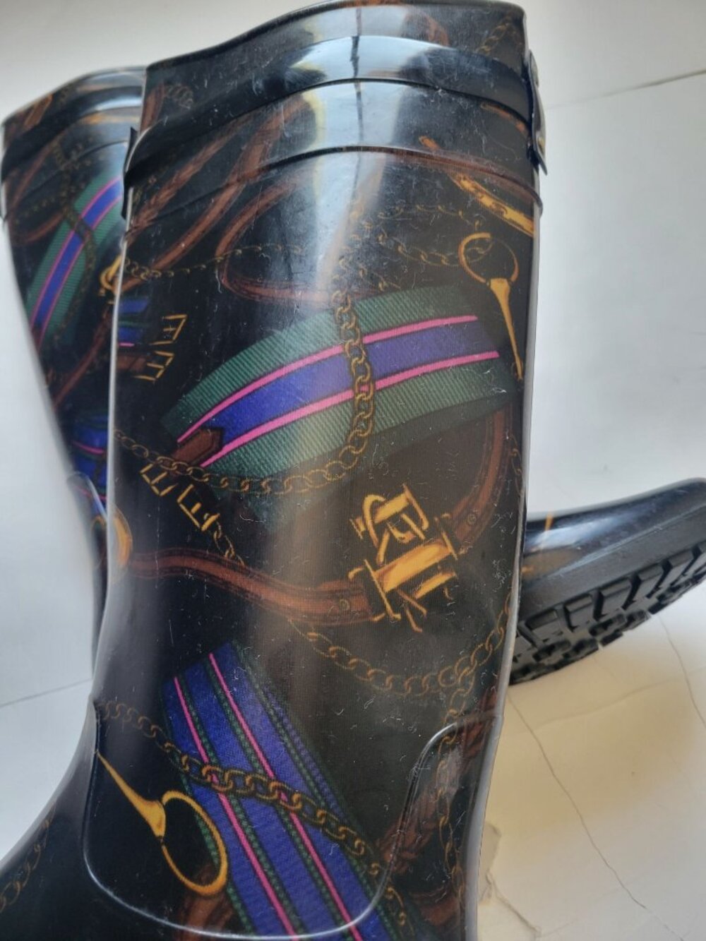 Lauren Ralph Lauren Rossalyn II rain boots black equestrian belt gold rope 8 - Picture 8 of 11